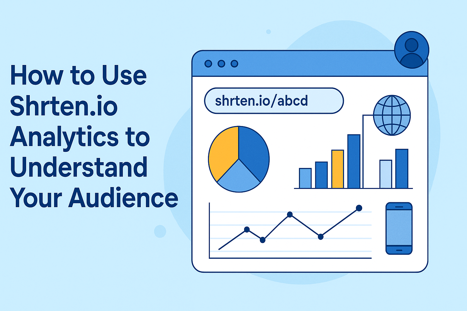An illustration of Shrten.io analytics dashboard with charts and graphs that show how link clicks, referrers, and devices help understand your audience.