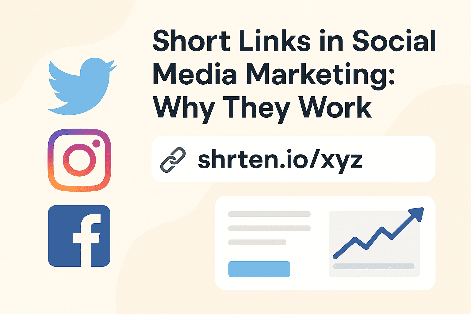 Illustration of social media platforms like Instagram, Twitter, and Facebook with short links and analytics charts, showing how Shrten.io improves social media marketing.