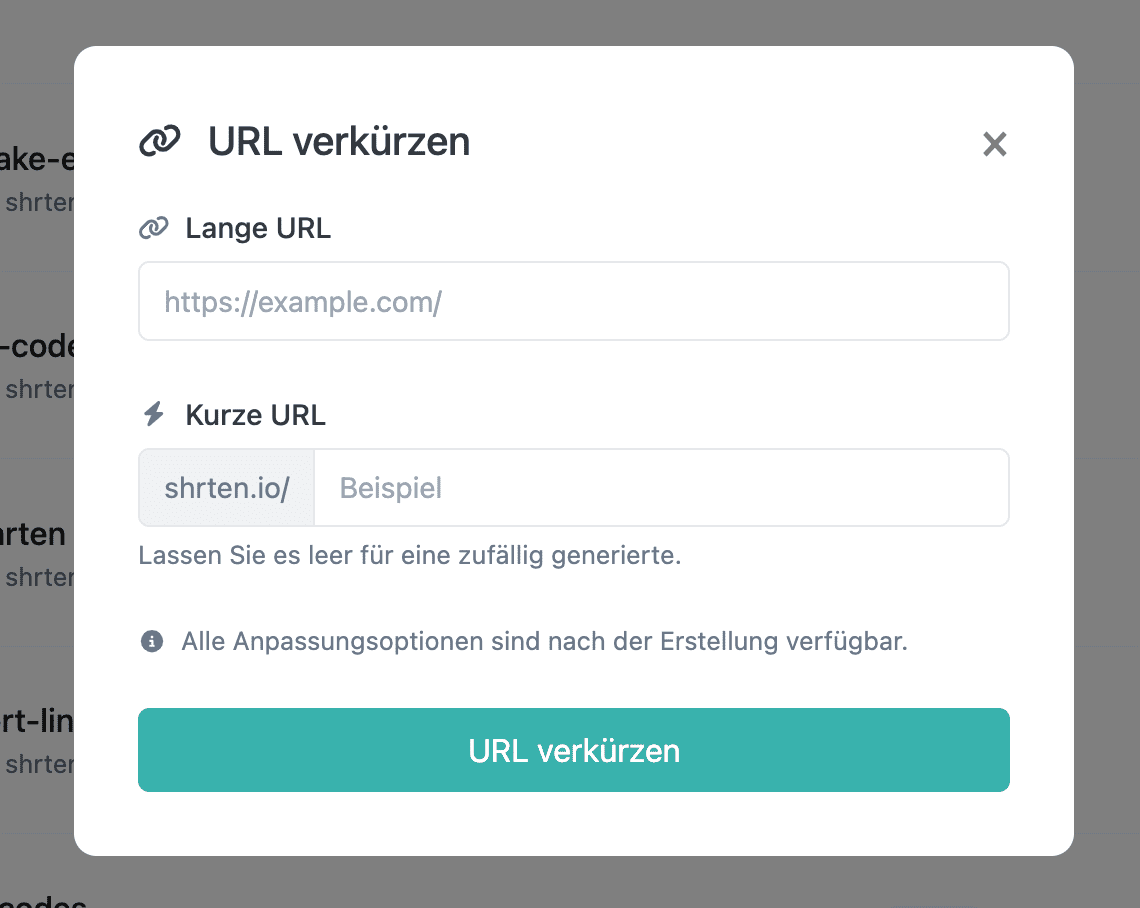 Screenshot der Bearbeitungsseite für kurze URLs der App