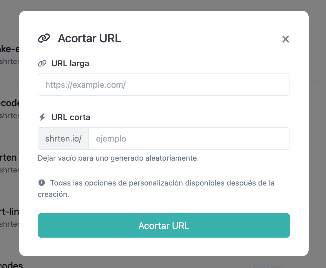 Captura de pantalla de la página de edición de URL corta de la aplicación