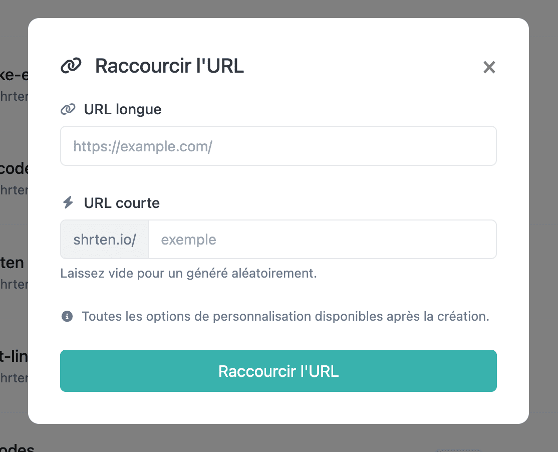 Capture d'écran de la page d'édition de l'URL courte de l'application