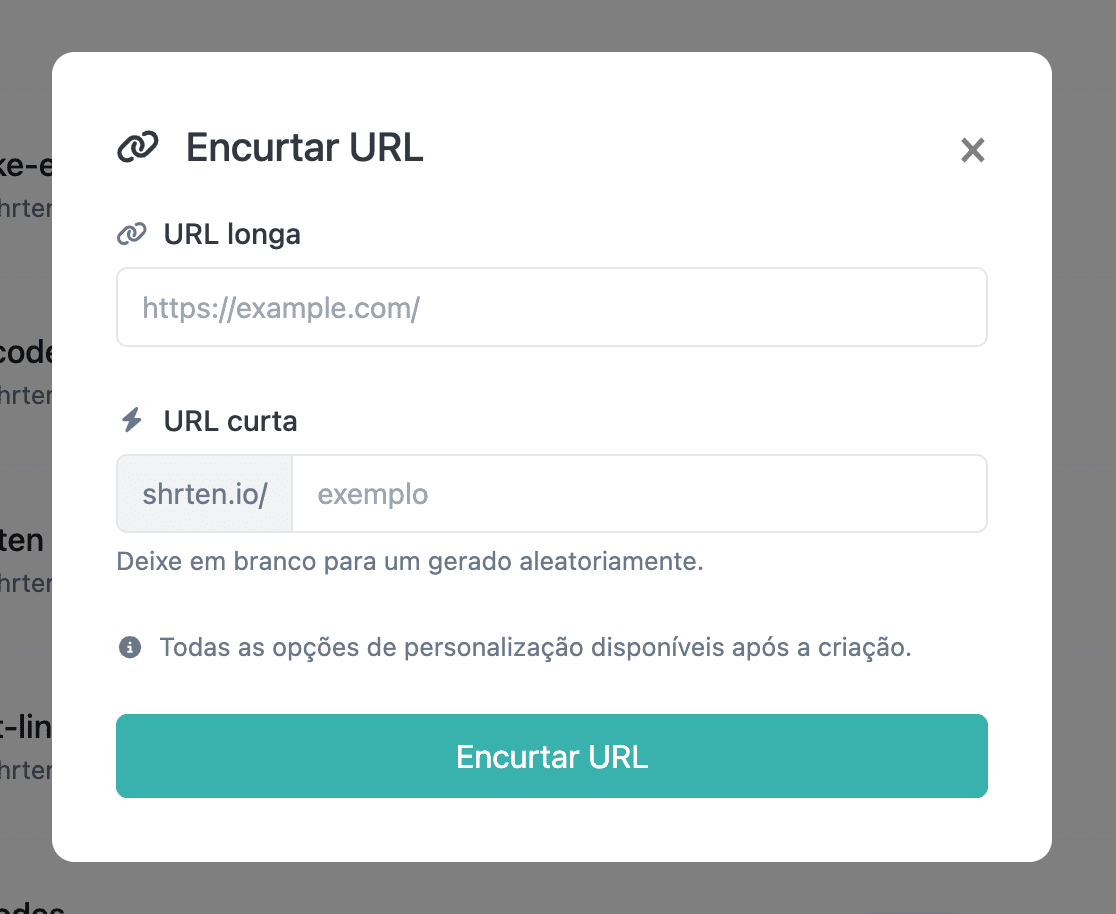 Captura de tela da página de edição de URL curta do aplicativo