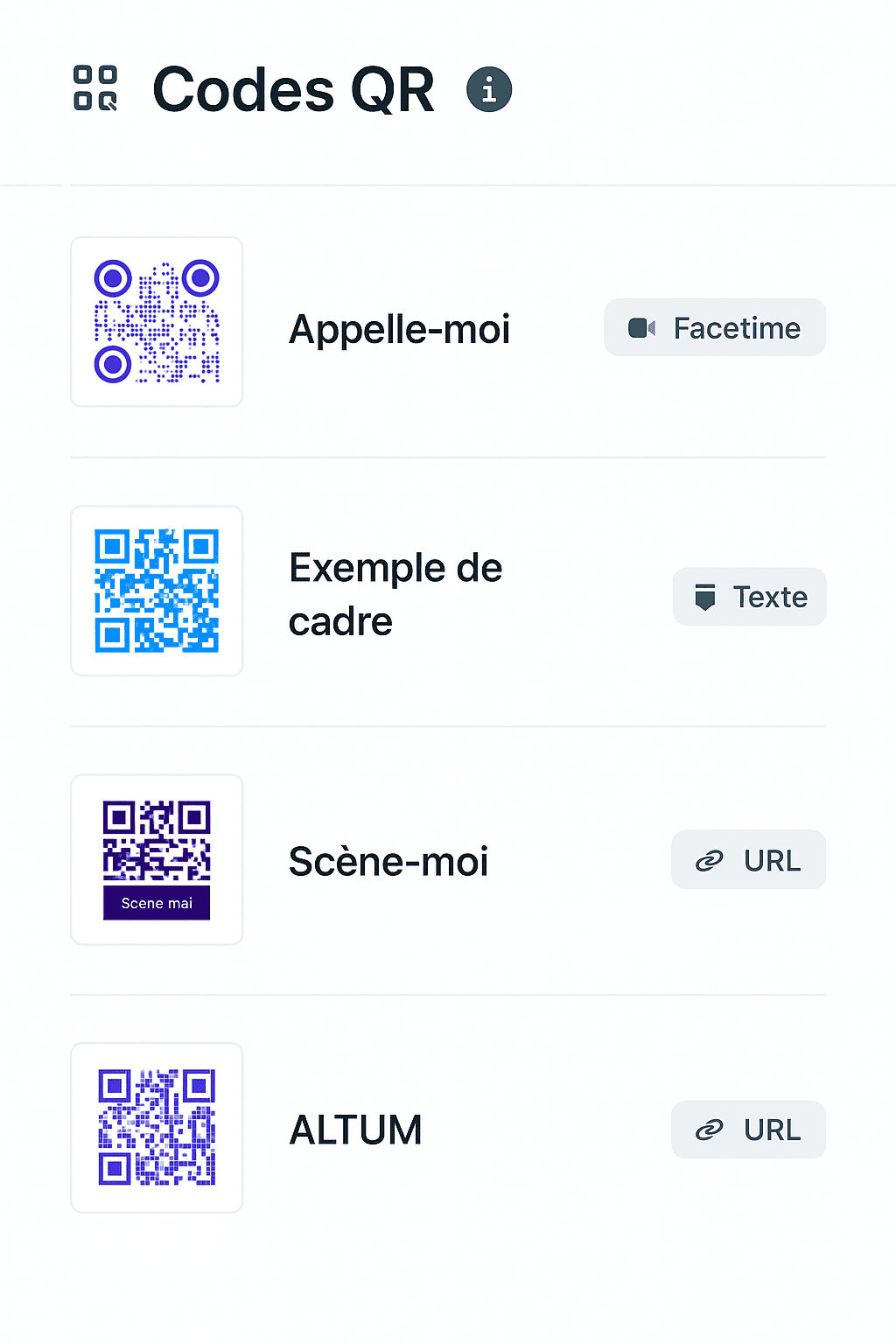 Capture d'écran de la page du système de code QR de l'application